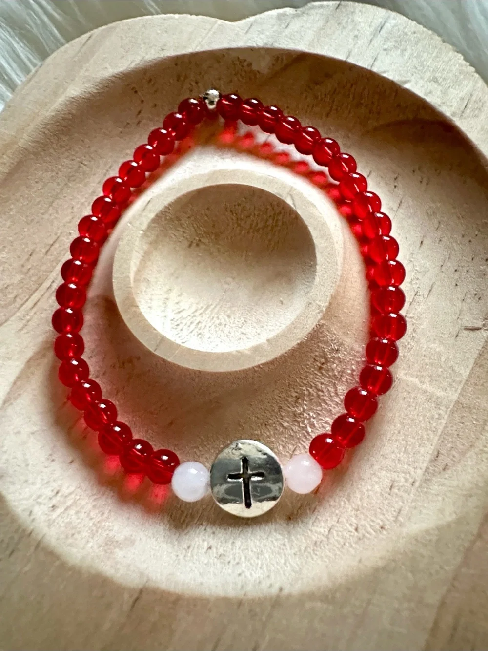Handmade Red Beaded Cross Charm Bracelet